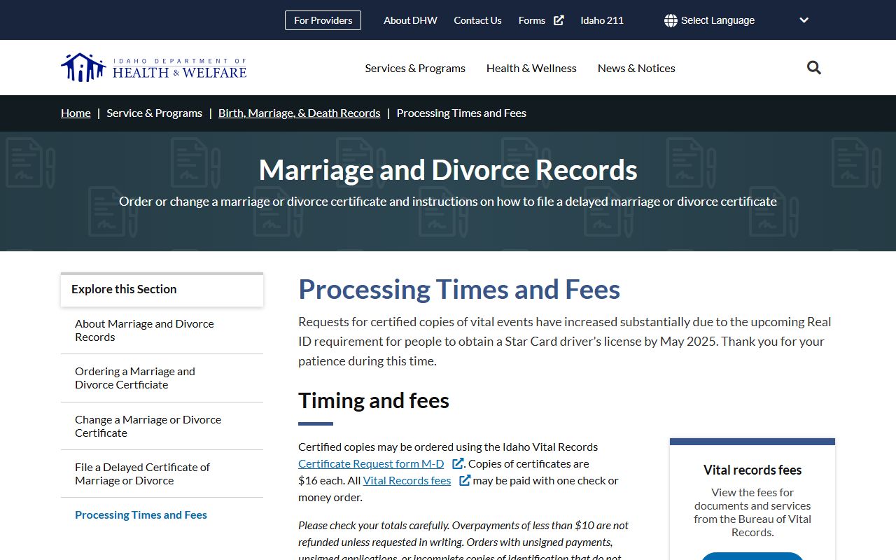 Fremont County marriage and divorce records DHW processing fees
