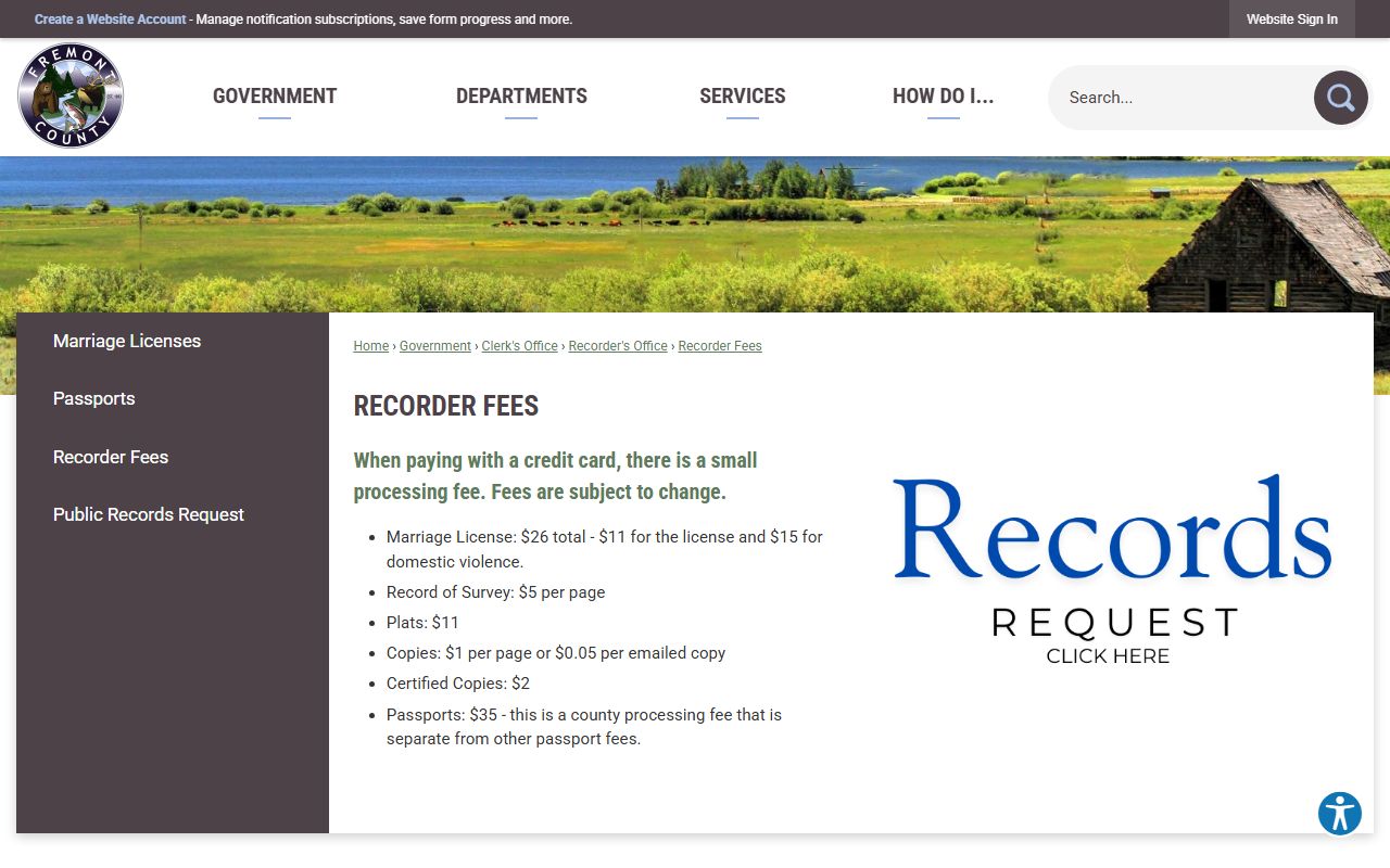 Fremont County marriage and divorce records recorder fee schedule